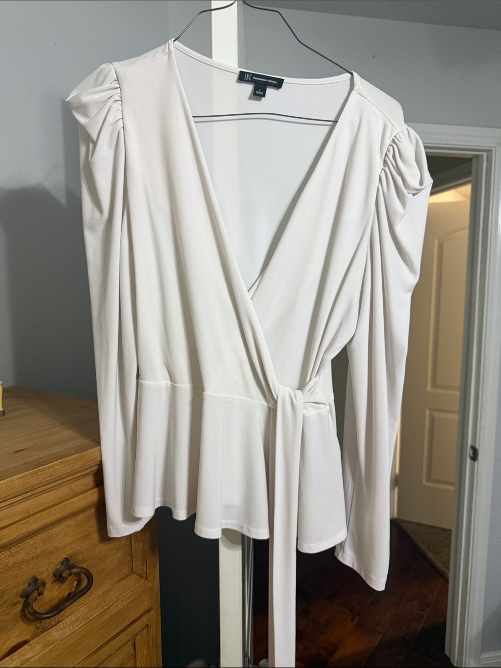 INC International Concepts Cream Wrap Top with Tie Waist